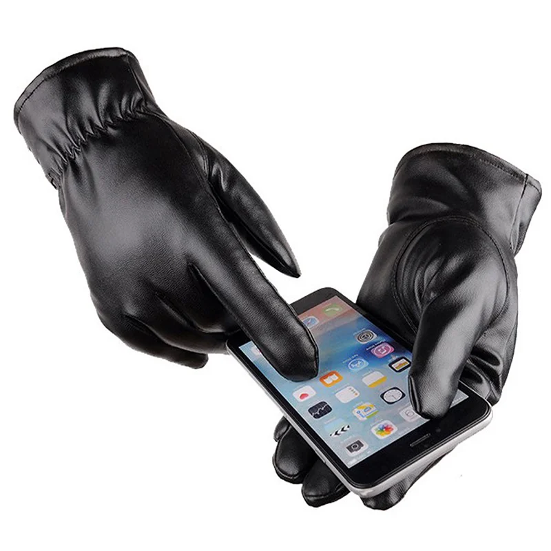 2Pcs Fleece Tactical Gloves Black Outdoor Sports Waterproof Mitten Men's PU Leather Winter Autumn Driving Keep Warm Gloves