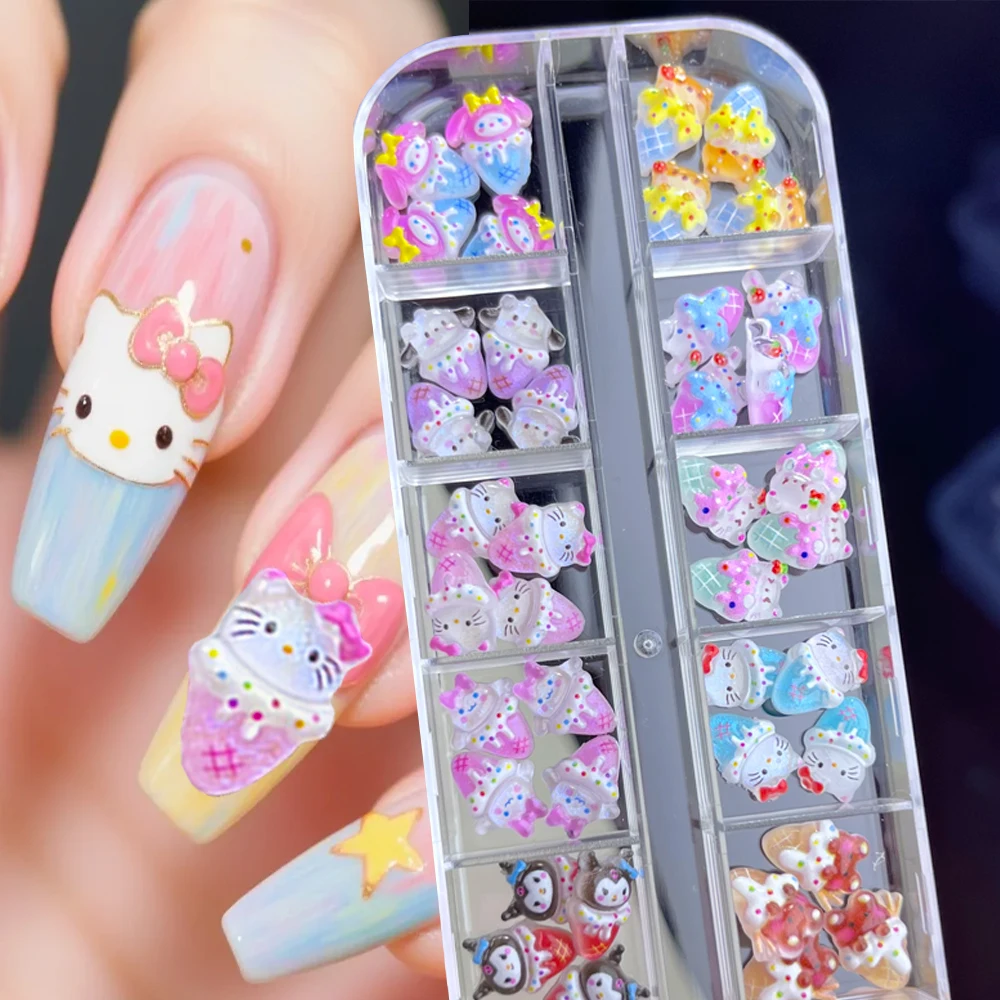 

12Grids Ice Cream Glitter Hello Kitty Nail Charms 3D Mixed Kuromi Melody Cute Cartoon Ice Cream Cone Kitty Nail Parts DIY Summer