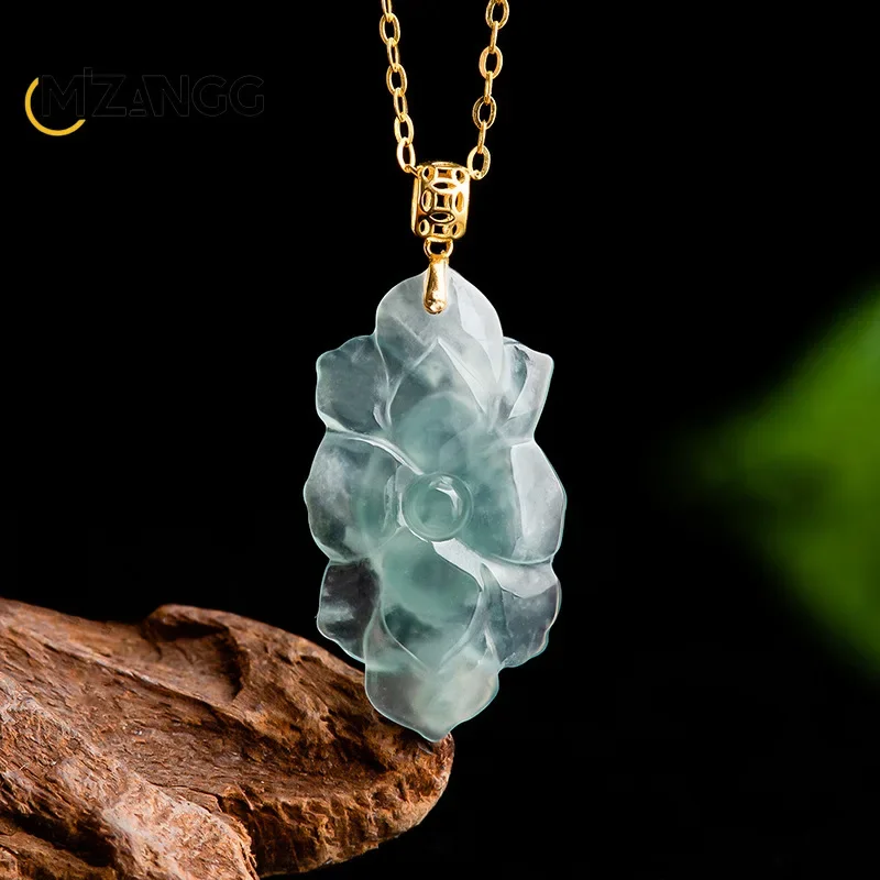 High Quality Natural Myanmar Jadeite Blue Water Lotus Flowers Pendant 18K Gold Inlaid Ice Necklace Ladies Luxury Jewelry Mascot