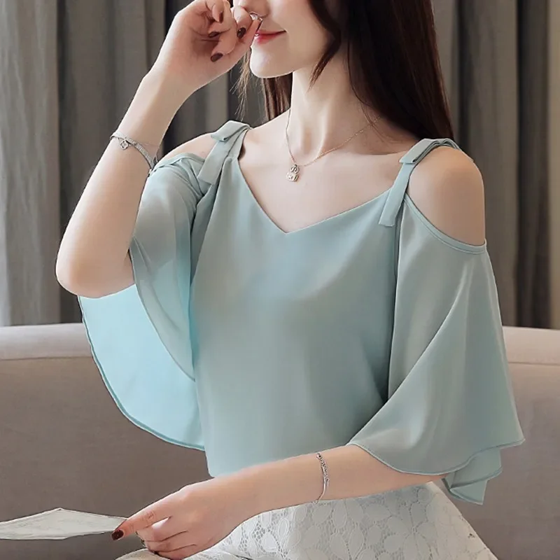 SEXMKL Sexy Chiffon Summer Blouse Women 2024 Fashion Casual Butterfly Sleeve Shirt Korean Ladies Tops White Blouses Blusas Mujer