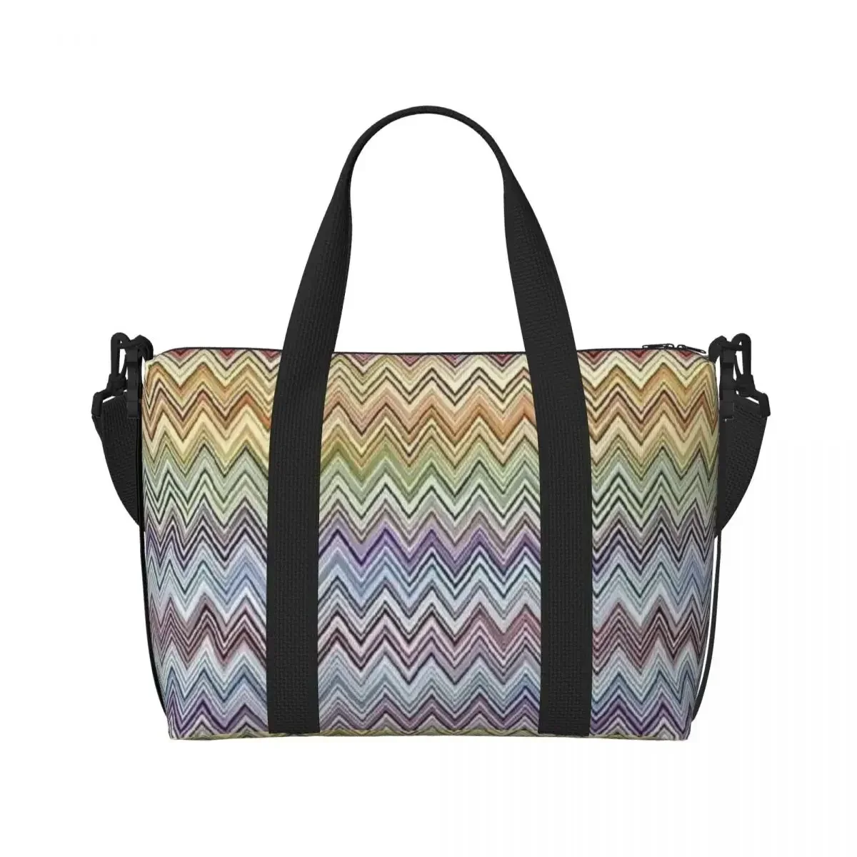 Custom Boho Chic Modern Zigzags Beach Tote Bag For Women Extra Large Gym Carry On Geometric Multicolor Travel Shopping Bags