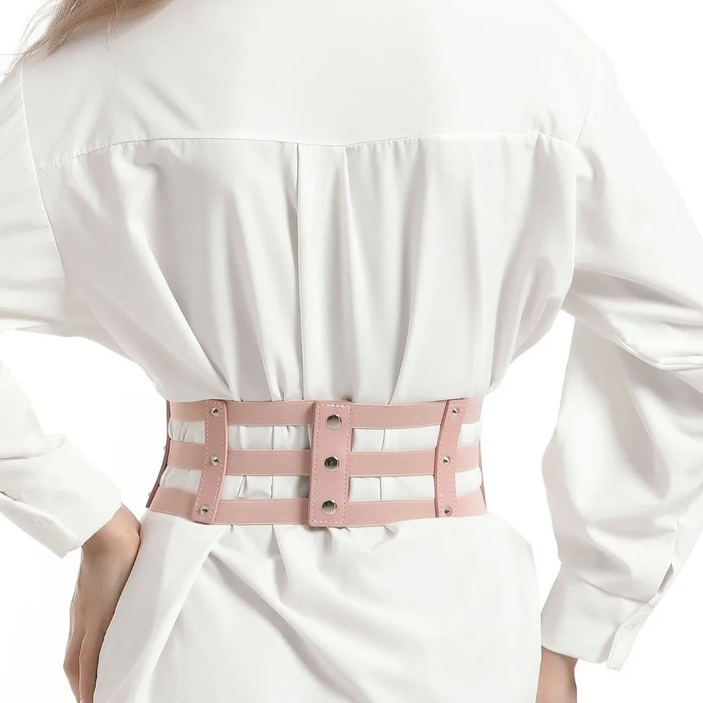 Fashion Three Row Buckle Waistband Belt Punk Style Versatile Elastic Waist Belt Wide Slim Fit Women's Waist Belt for Women