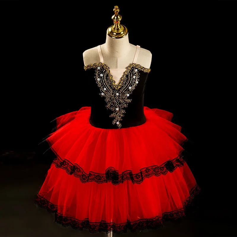 Robe de Ballet Professionnelle en Dentelle Rouge pour Enfant, Costume d'Halloween, Longue, Tutu, Crêpe, Enfant en Bas Âge