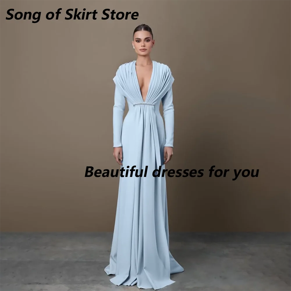 Elegantes blassblaues Jersey-Abendkleid, maßgeschneidert, tiefer V-Ausschnitt, lange Ärmel, plissiert, bodenlang, formelle Partykleider, Ballkleid