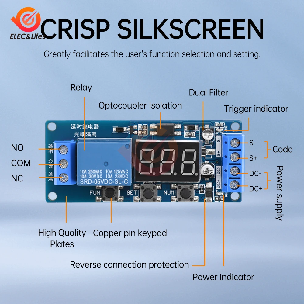 DC 3.3V/5V/12V/24V LED Digital Time Delay Relay Trigger Cycle Timer Delay Switch Circuit Board Timing Control Module 0-999 Min