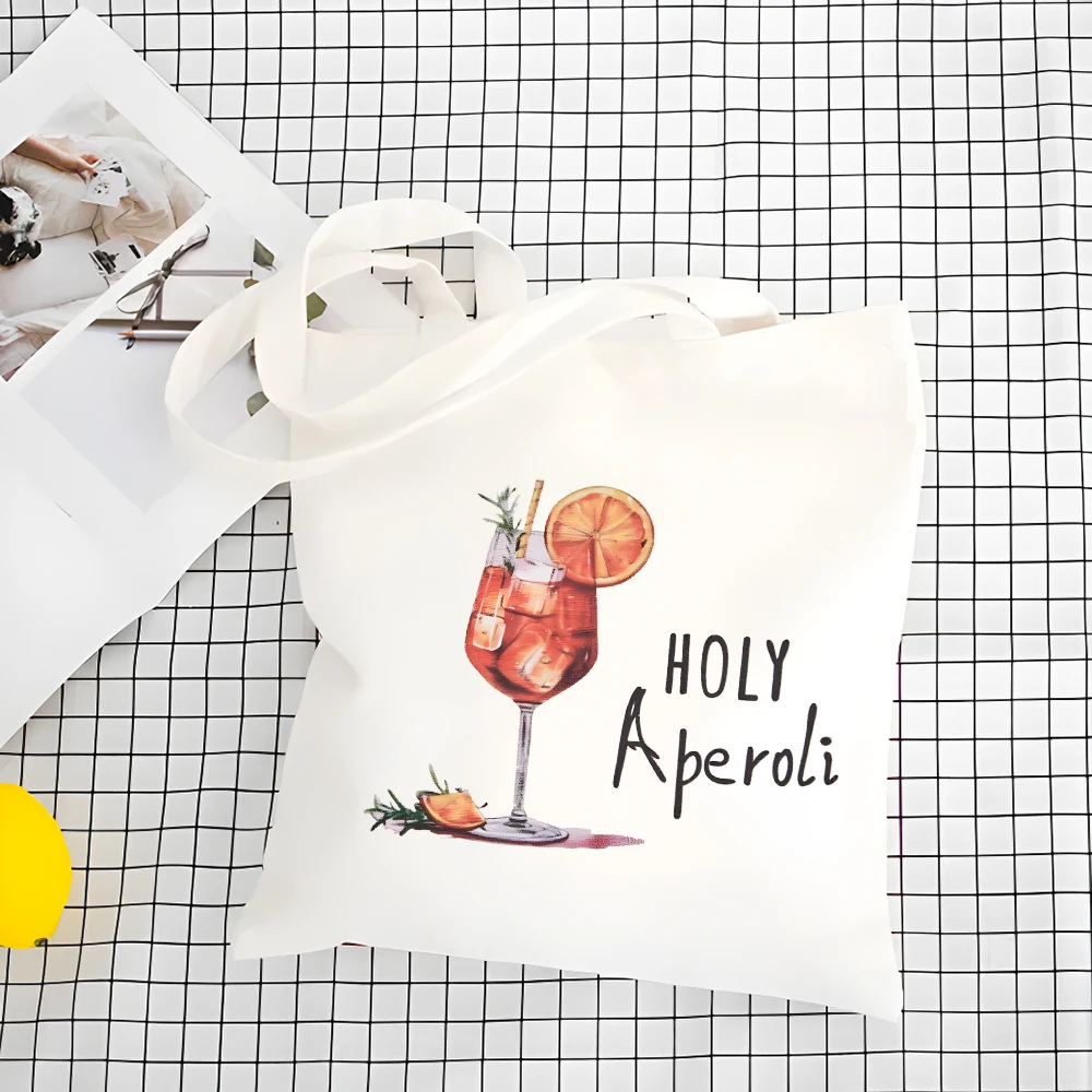 Aperol Themed Canvas Shopping Bag Watercolor Cocktail Print Portable Tote Bag For Outings