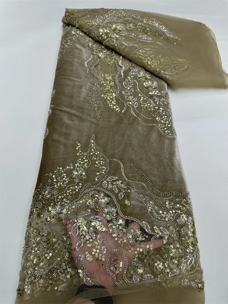 

French Elegant Velvet Beaded Mesh Tube Lace with Sequins High Quality Lace Fabric for African Wedding Dress Nigeria
