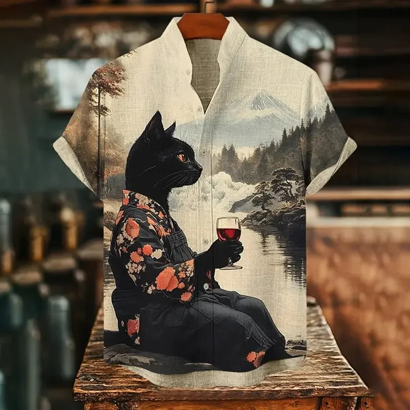 Cat pattern, fashion trend, street outdoor, high-quality and comfortable linen men's short sleeved casual shirt