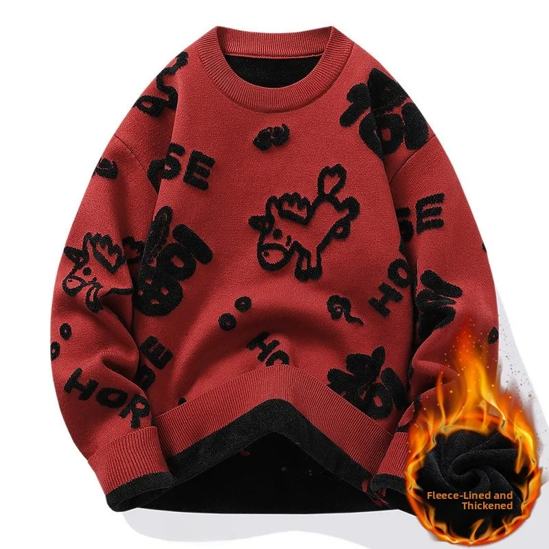 

Новинка 2025: Мужской флисовый свитер с круглым вырезом и длинным рукавом, теплый, для пар, зимний, красный, молодежный, повседневный