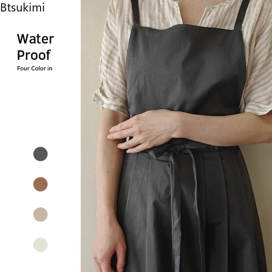 Lightweight Women's Kitchen Waterproof Apron with Pockets Pleated H-shaped Work Apron for Salon Nail Cafe Long Dress Pinafore