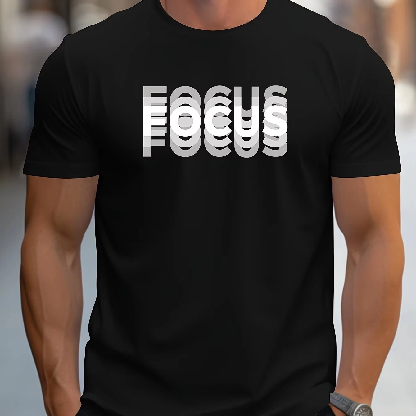 Men's Cotton Casual Sports Loose Oversized Focus Print Round Neck Short Sleeved T-shirt Top