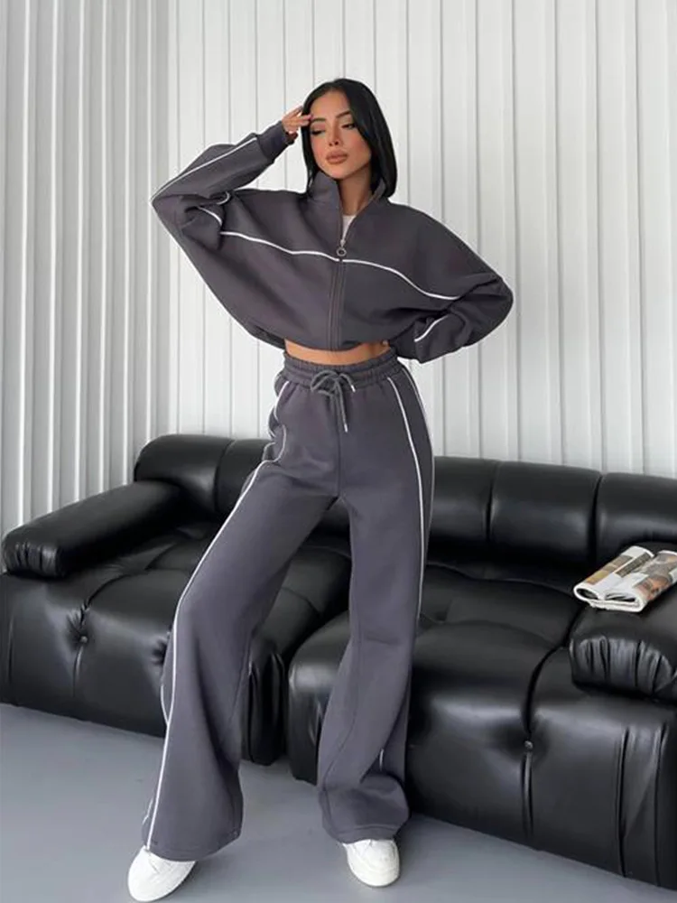 Women's Pantsuit Long Sleeved Trendy Autumn Turtleneck Cardigan Sweatshirt Sports Drawstring Striped Pants Two-piece For Women