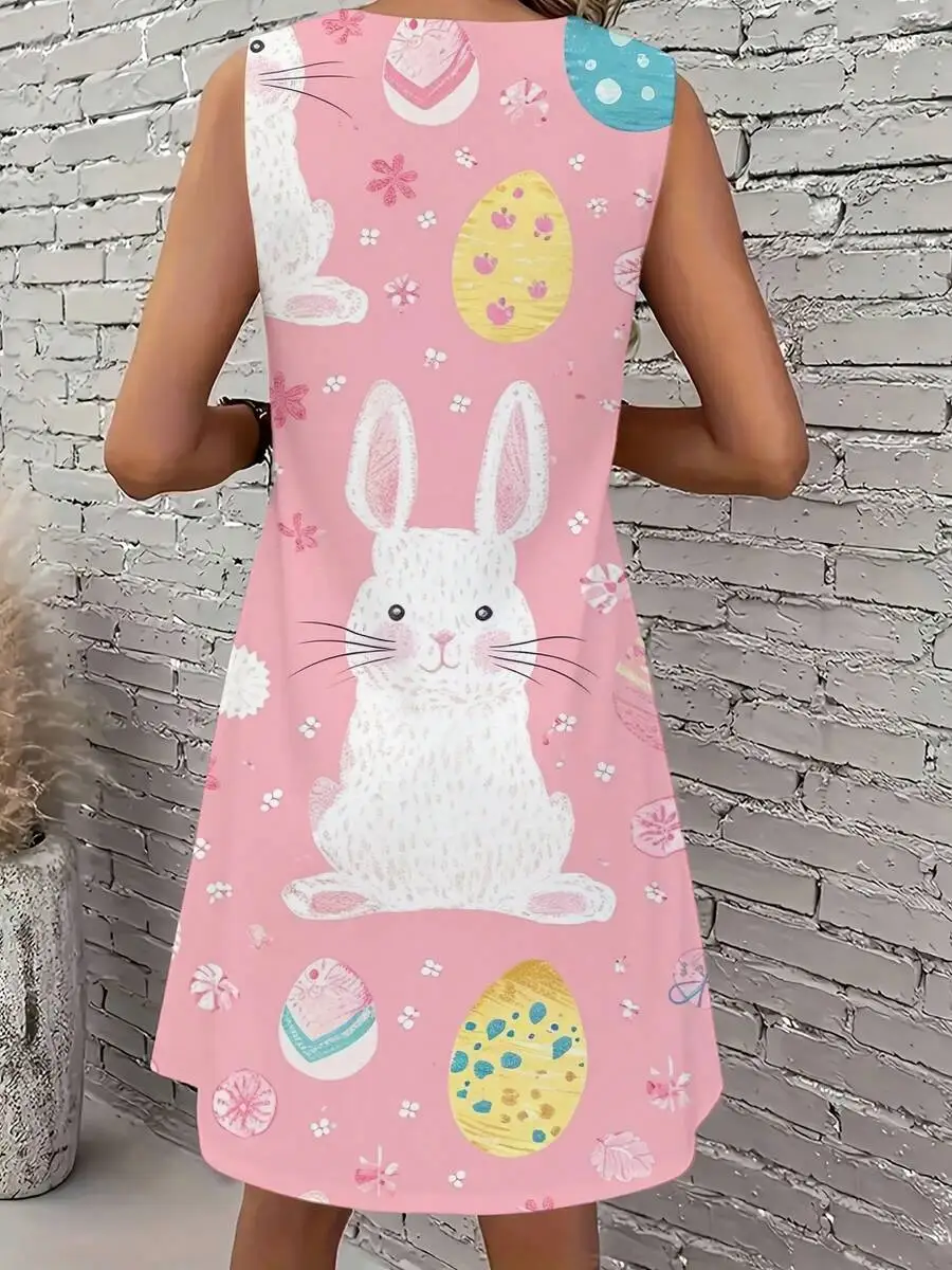 

Sleeveless A-Line Dress With Easter Bunny And Egg Print For Spring Casual Wear