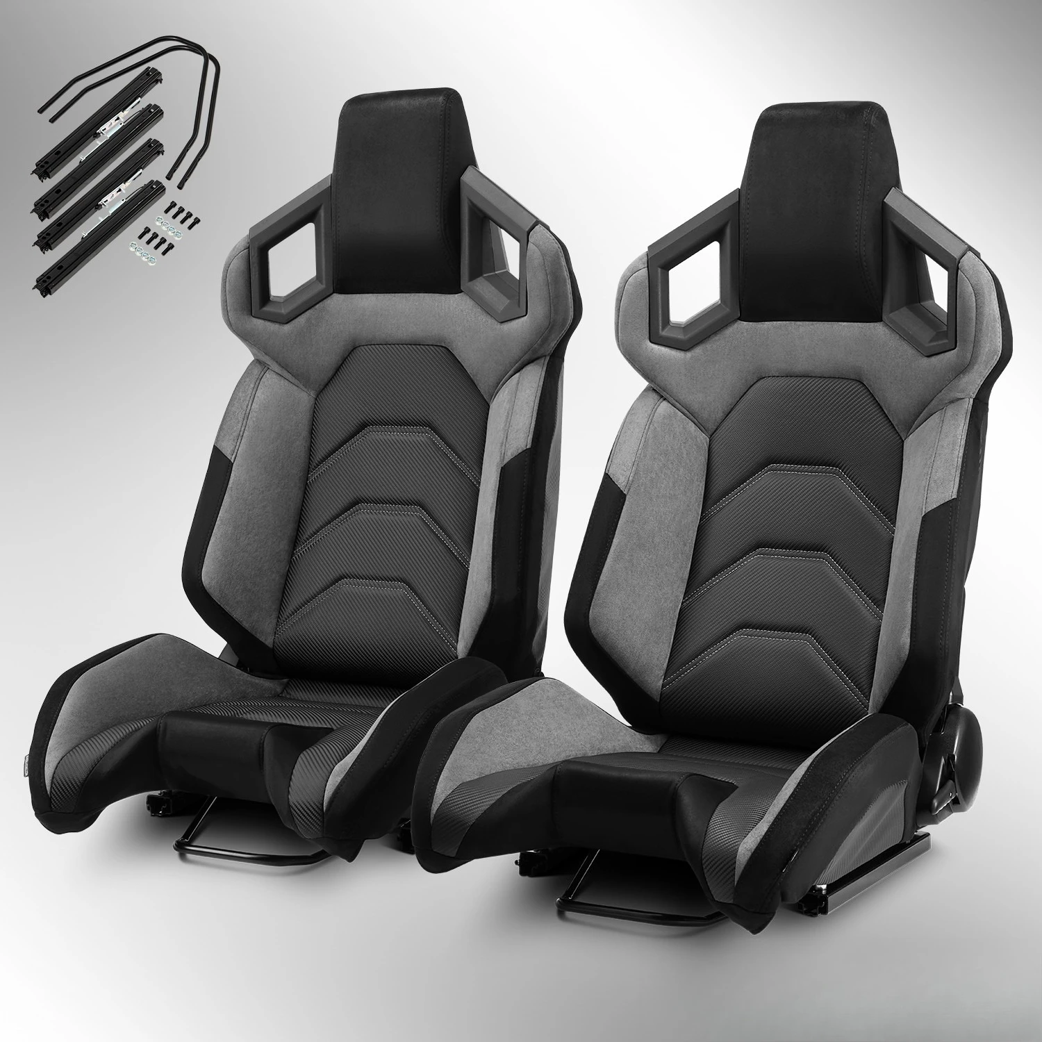 

[Pure Series] Pure Black+Gray Reclinable PVC Car Racing Seats Pair W/Slider L&R