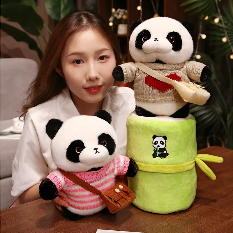 25cm Sweater Backpack Panda Doll Hiding in a Bamboo Plush Bag Cushion Stuffed Hug on the Bamboo Toy for Girls Birthday