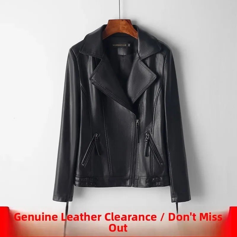 Spring  Genuine Leather Biker Jacket Women's Slim Fit Short Style Suit Collar Sheepskin Coat Small Outerwear Genuine Leather