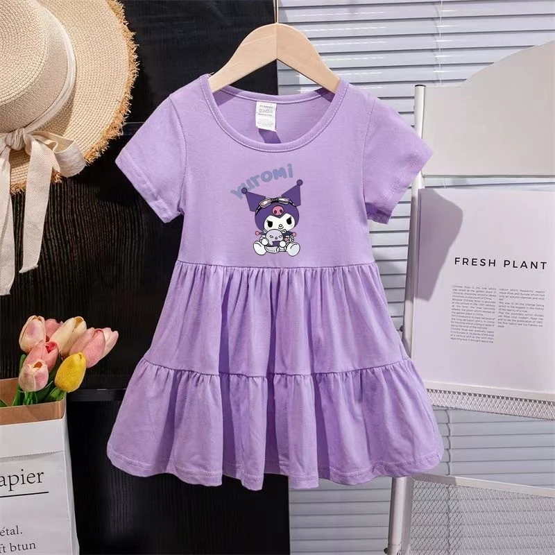 

Sanrio Summer Baby Girls Solid Cotton Dress Kid Children Kuromi Printed Short Sleeve Clothes Cartoon Cute Princess Dresses