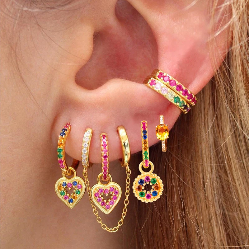 Pendiente de aro de corazón de circonia cúbica de cristal colorido a la moda para mujer, pendiente de Piercing de oreja de acero inoxidable, joyería de lujo para boda