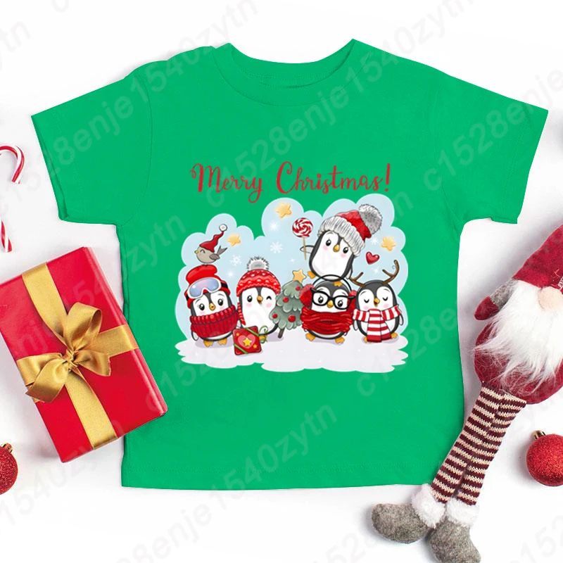 

Penguin Merry Christmas Print T-shirt Summer Casual Short Sleeve T Shirt Children Boys And Girls Tees Solid Color Crew Neck Tops