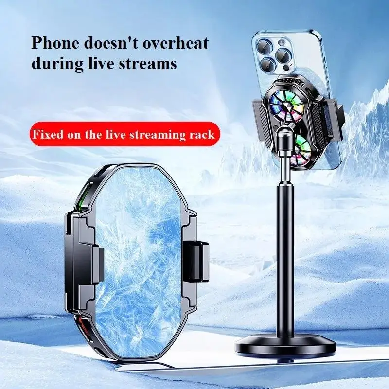 FS06 Semiconductor Cooling Mobile Phone Cooler Radiator Dual Fans Digital Display for Live Streaming with Universal Wheel