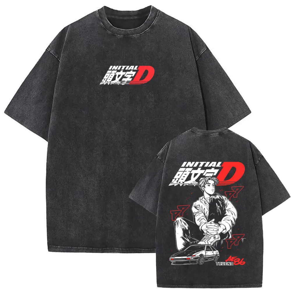 Washed Vintage Anime Initial D Drift AE86 Takumi Fujiwara Graphic T-shirt Men Women Cartoon Manga Harajuku High Quality T Shirt