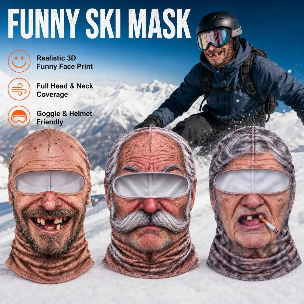 Funny Old Man Ski Mask Funny Realistic Face Ski Mask 3D Print Windproof With Neck Coverage Winter Face Cover for Skiing Parties