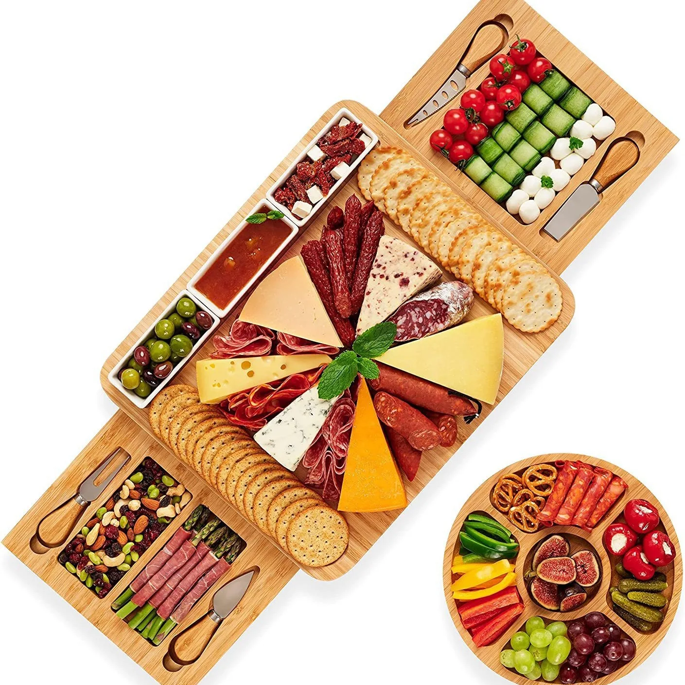 Natural Bamboo Cheese Board and Knife Set Charcoal Board Set is a cheese, meat, biscuit serving tray