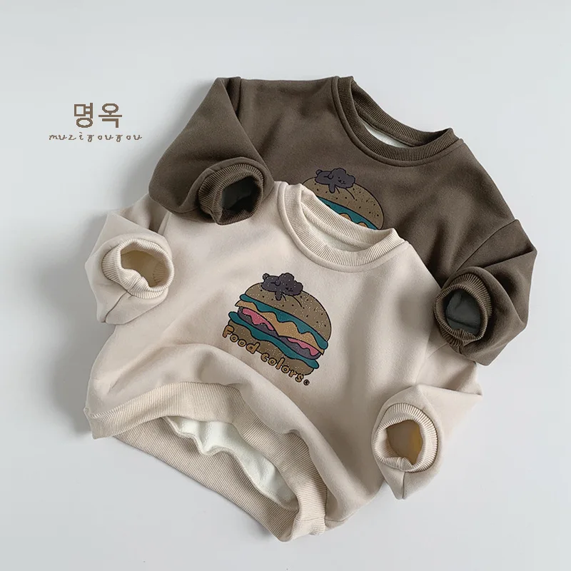 Children Boys Printed Fleece Sweatshirt Winter Retro Versatile Infant Boy Pullovers Hamburger Pattern  Kid Boy Velvet Basic Tops