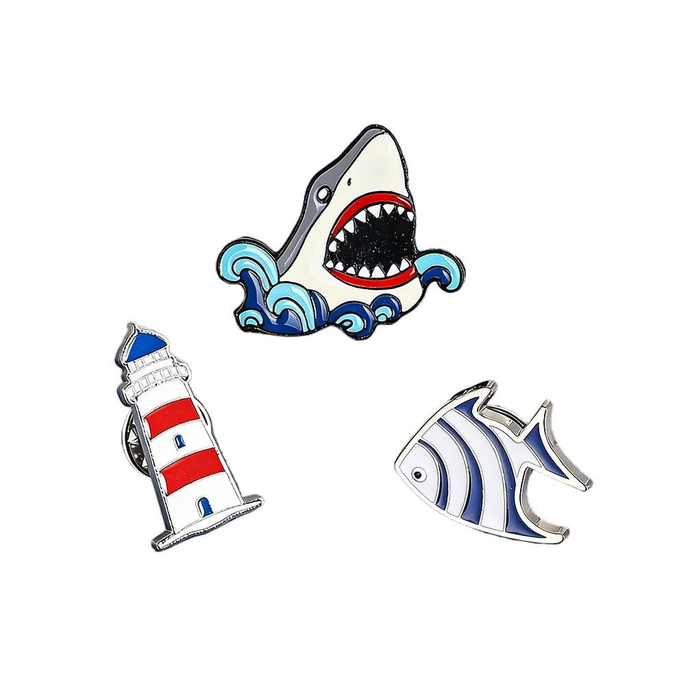 Metal Cartoon Enamel Brooch Lighthouse Tropical Fish Shape Badge Nautical Ocean Lover Lapel Pin Denim Collar Backpack Pin Button