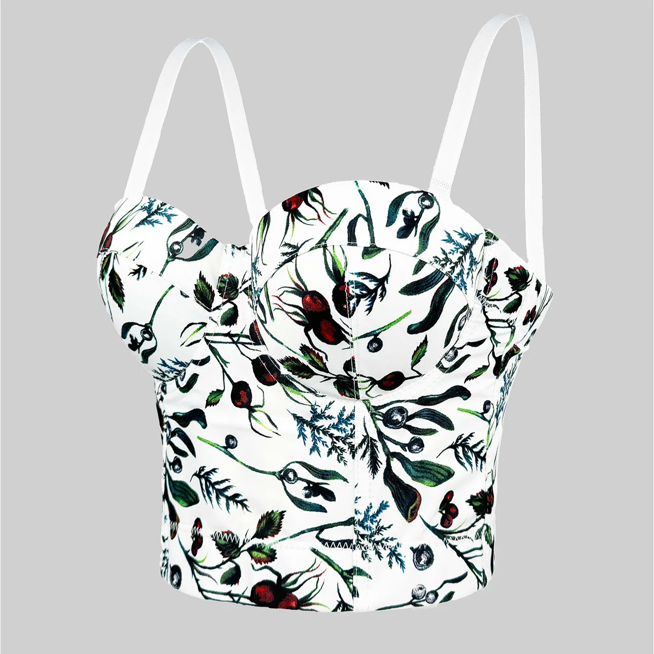 Vintage Floral Print Bustier Push Up Bra for Women Removable Strap Summer Corset Top with Boning and Backless Design Bralette