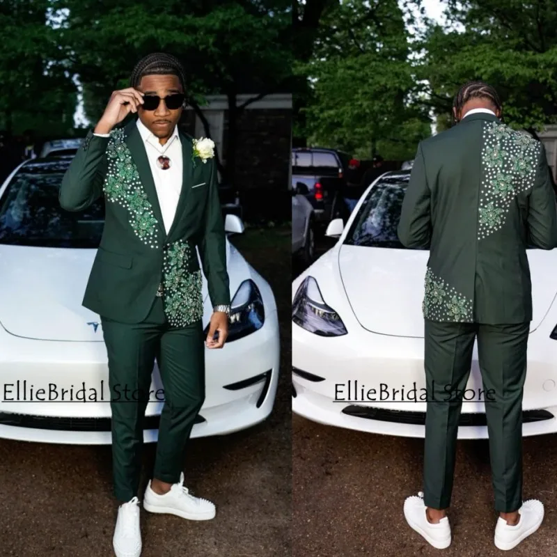 Charming  Green Man Suits For Prom Costume Groom Tuxedo Man Suits Male Blazers (Coat+Pants) Customized