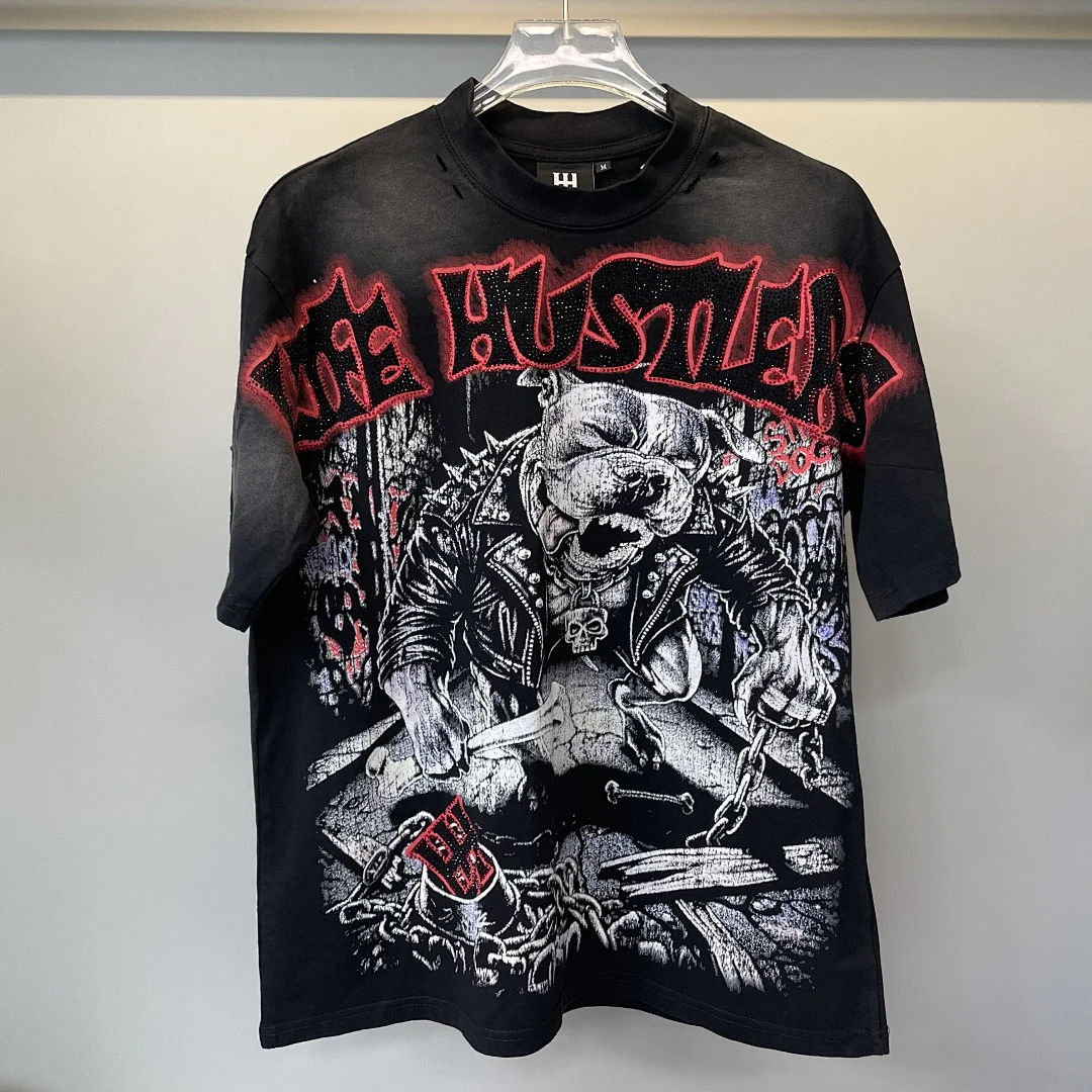 Heavy Cotton Oversized T Shirt Men Women Rhinestone Life Hustlers Print Gothic Pitbull Dog Streetwear Casual Short Sleeve Tee