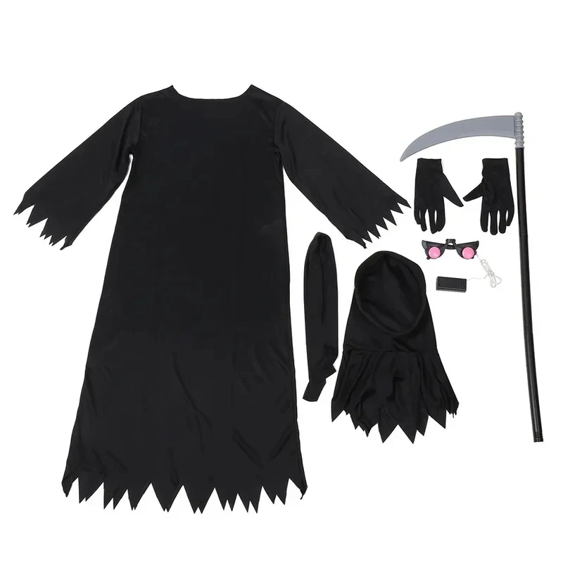 ABC123Sydanne Kids Horror Death Dress Jumpsuit Red Luminous Glasses Sickle Black Robe Grim Reaper Cosplay Costume Hals,3'f.5;j.8 view 3