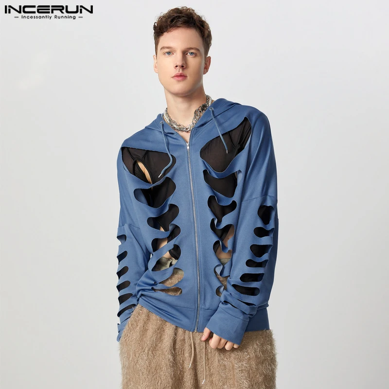 INCERUN New Men's Tops Sexy Hollowed Zipper Design Hooded Sweatshirts Casual Clubwear Male Solid Long Sleeved Hoodies S-5XL 2024