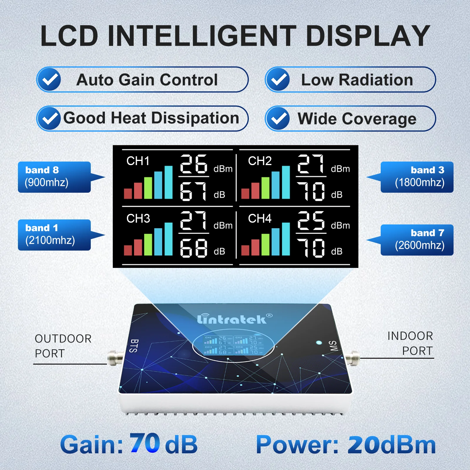 Lintratek Cellular Amplifier 4 Band B20 800 GSM 900 1800 2100 B7 2600 B28 700 LTE 3G 4G Signal Booster Amplify signal for phone