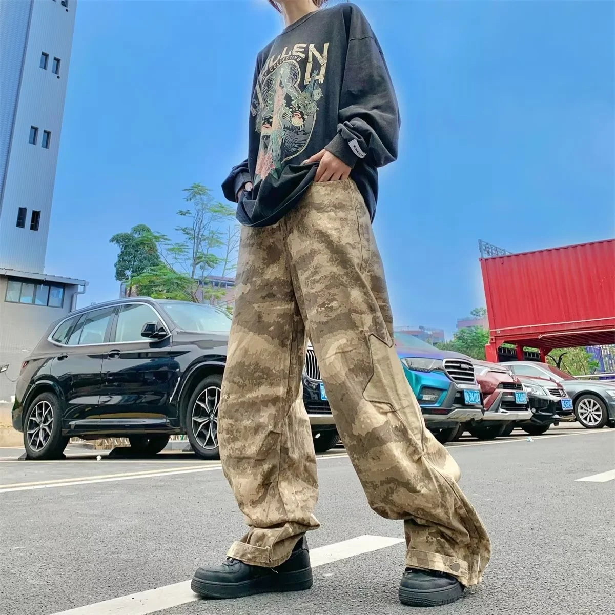 

loose straight wide leg baggy camo army pants men's trend handsome versatile original pants japanese streetwear 2023 trousers