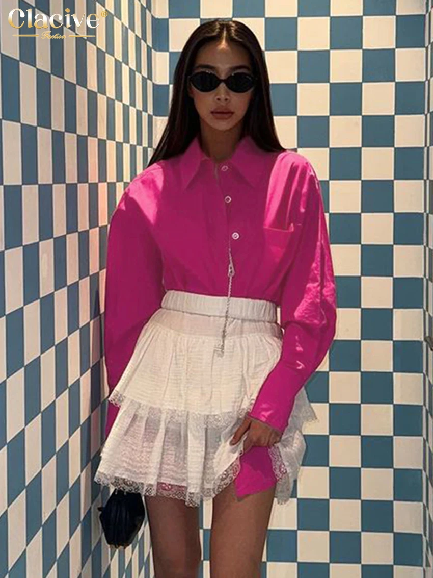

Clacive Fashion Loose Pink Skirt Sets For Women 2 Pieces 2024 Elegant Long Sleeve Blouse With High Waist Pleated Mini Skirts Set