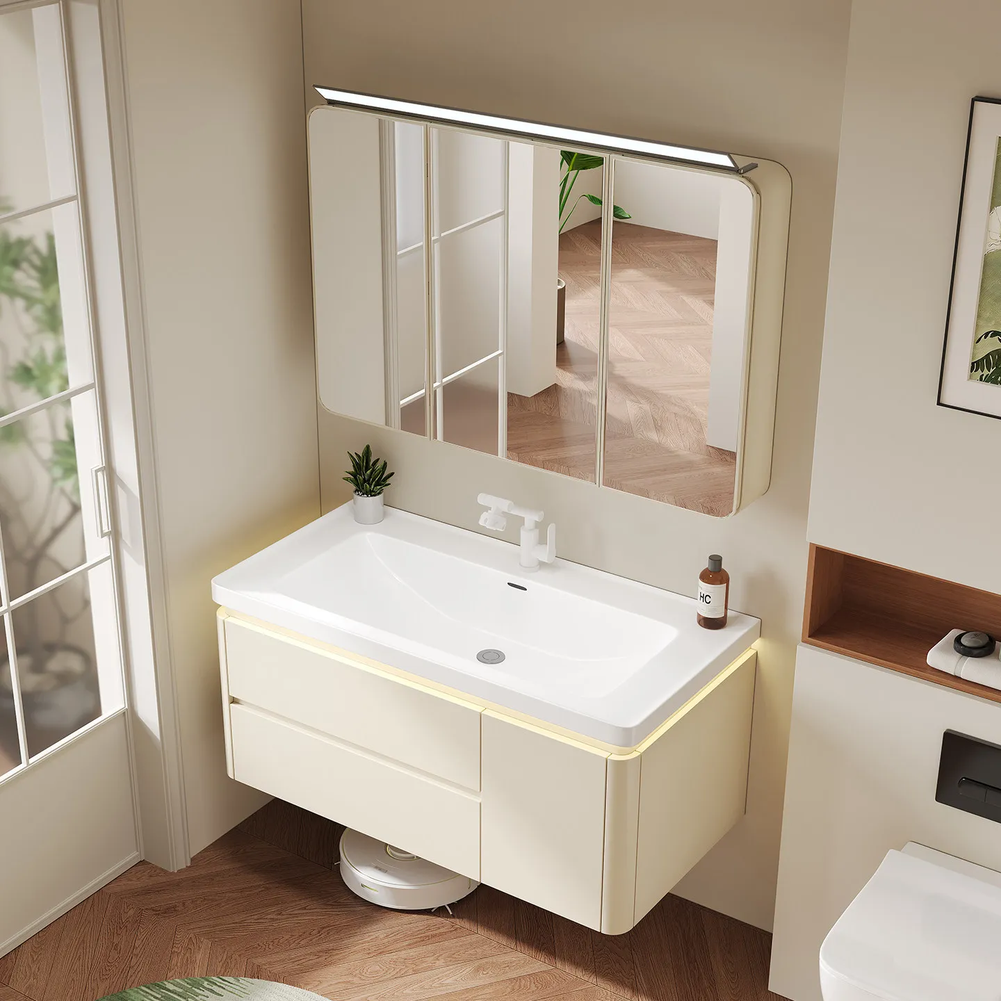 All-aluminum bathroom cabinet ceramic integrated basin combination bathroom folding laminate mirror cabinet with socket