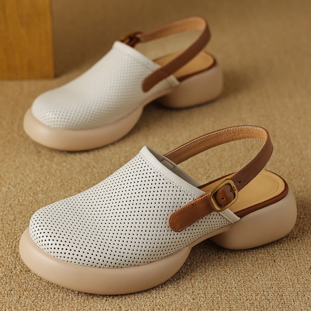 danxuefei 2024 summer new women\'s sheepskin slingback slip-on flats sandals round toe hollow-out breathable summer casual shoes