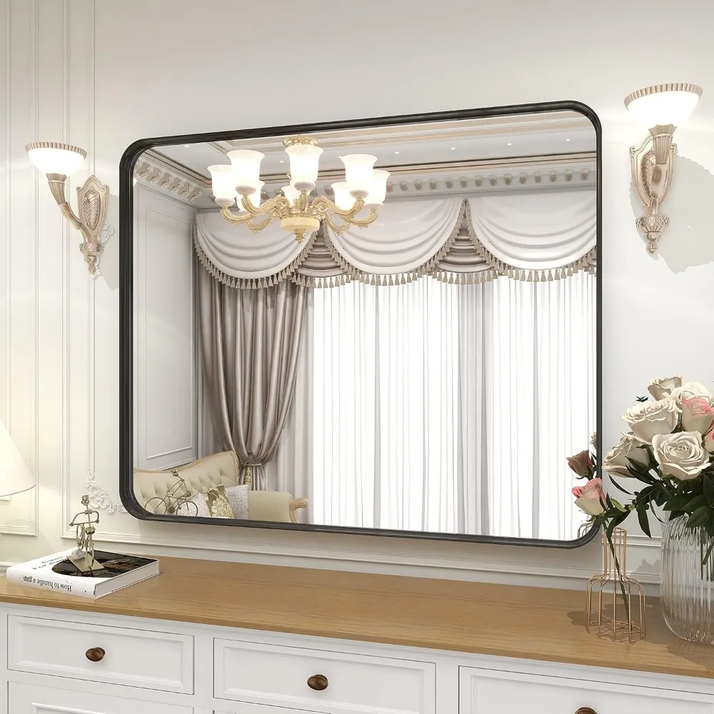 24x32 Zoll Badezimmerspiegel mit schwarzem Rahmen, modernes rundes Eckdesign für Schlafzimmer, Wohnzimmer, hängend oder anlehnen