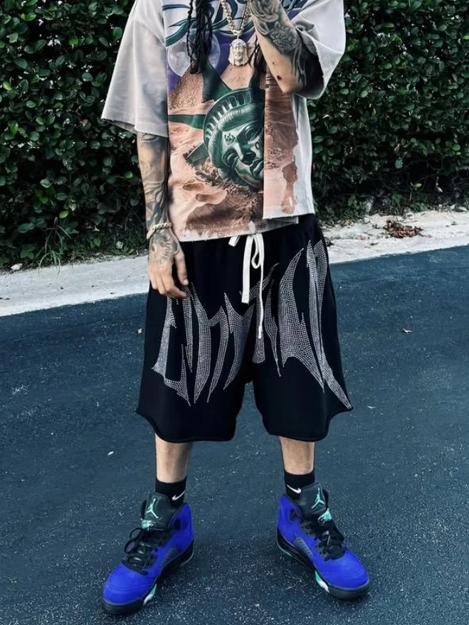 

American Hip Hop Mixed Emotion Rhinestone ort Pants Men's Casual Loose Straight Leg Cotton Youth Summer Faion Streetwear