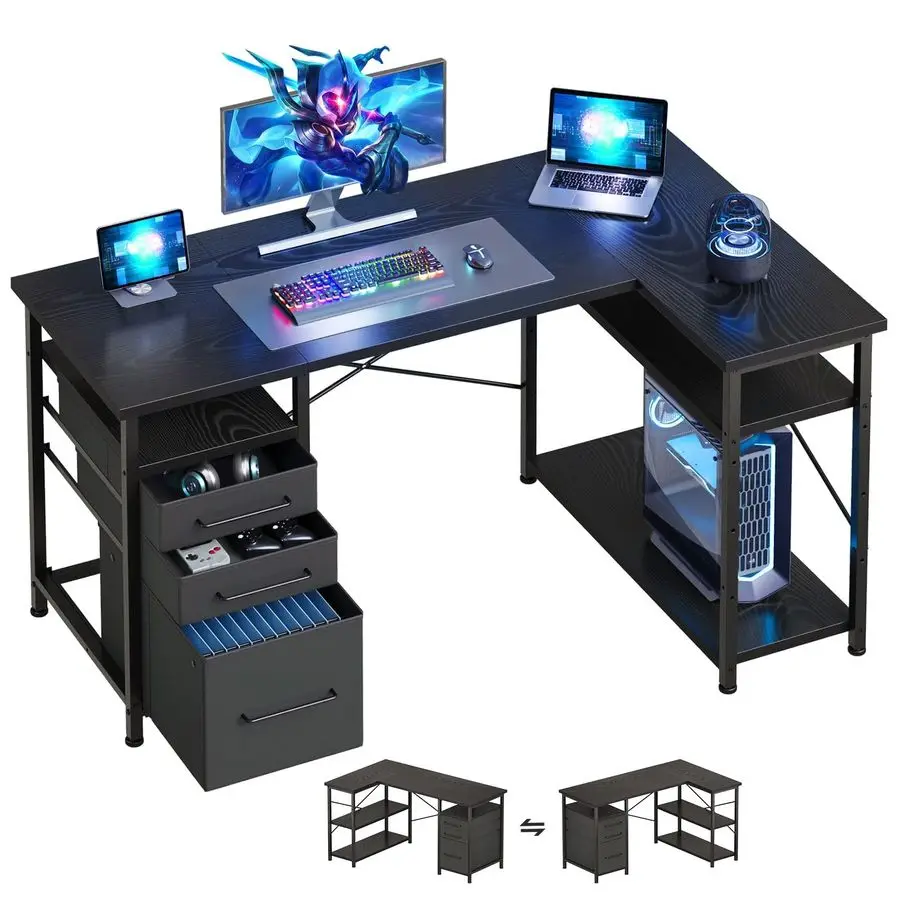 

Computer Desk with Drawers, Desks for Bedrooms, Writing Desk with Storage, Work Desk for Small Space, Black