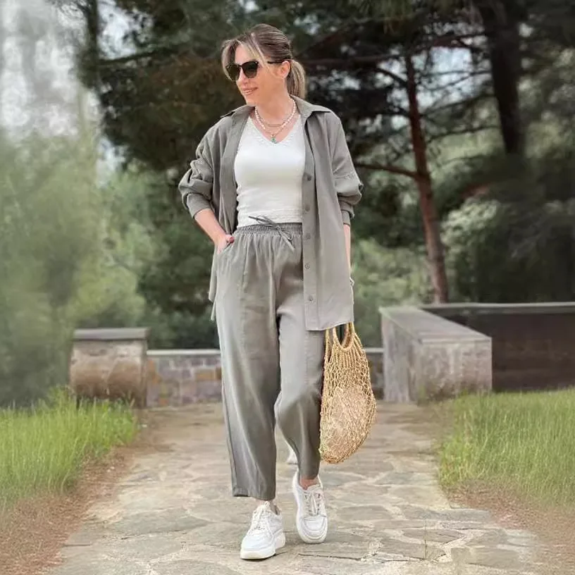 Women's Suit Spring and Summer New Fashion Loose Long-sleeved Shirt Lace-up Casual Nine-point Pants for Women