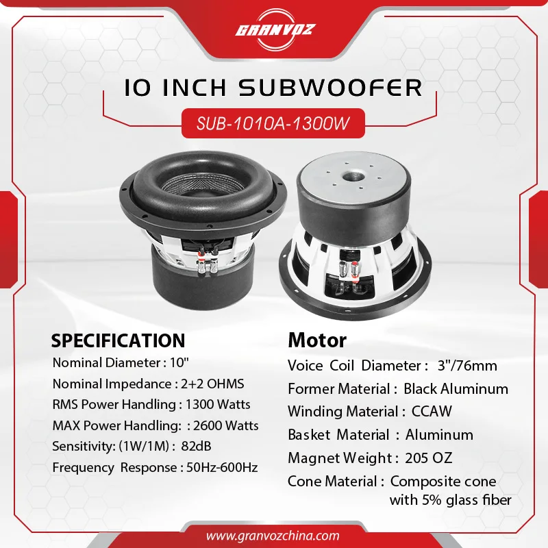 GRANVOZ 10 Inch Subwoofer Speaker Aluminium Basket RMS 1300W 205 OZ Dual 2Ohm Model SUB-1010A-1300W for Car Audio