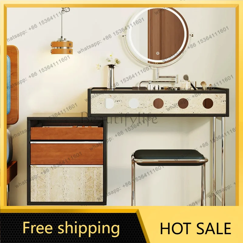 zj.Bauhaus Style Retractable Vanity Table with Chest of Drawers Dressing Desk with Round LED Mirror Combination Makeup Dresser