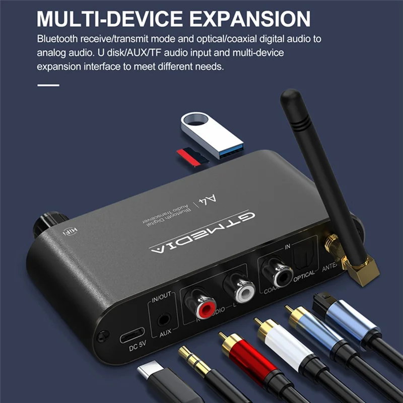 A47F-GTMEDIA A4 بلوتوث 5.1 محول صوت لاسلكي مع RCA، مقبس 3.5 مم، فك تشفير SBC/AAC للتلفزيون والسيارة