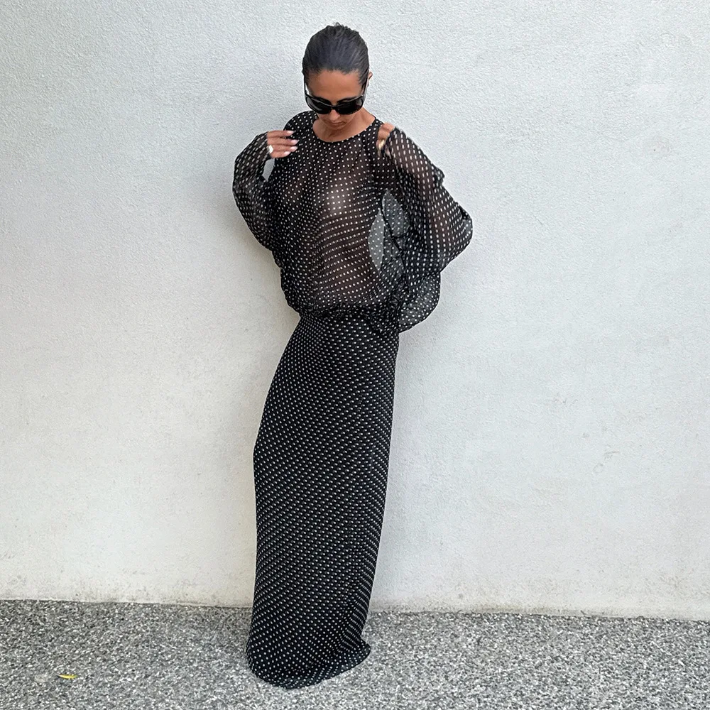 

Autumn 2025 Women's Pure Color Long Sve Polka Dot Chiffon Dr Sexy Elastic Waist Knitted Polyester Irregular Skirt