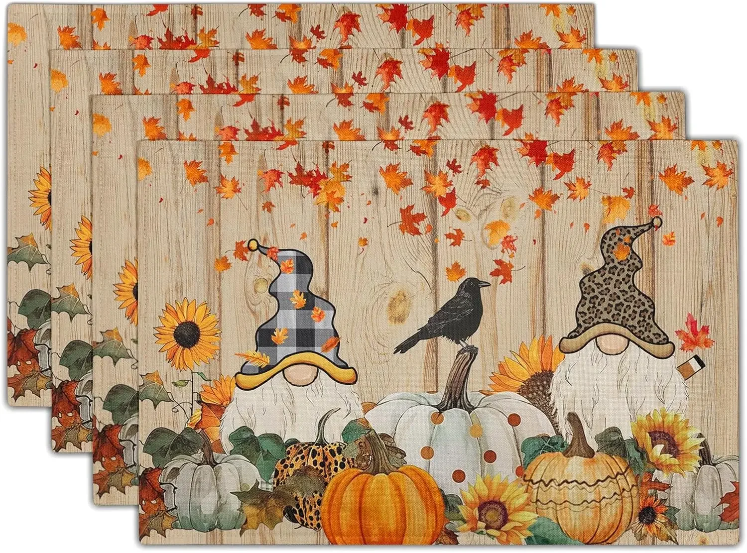 4/6pcs Autumn Gnome Pumpkin Maple Leaf Print Single-Sided Linen Placemat Set for Farmhouse Table Decor