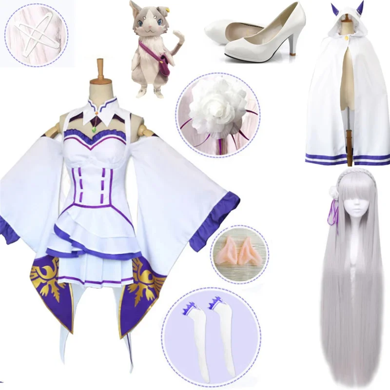 Re zero Kara hajimeru isekai Seikai Emilia wigs cosplay costumes women dress with headdress for Halloween party