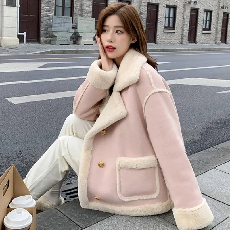 Pink cashmere jacket for women short winter fur solid color loose splicing long sleeves small Korean version thickened new style